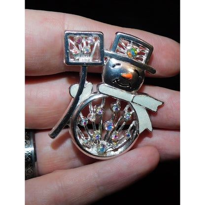 Vintage Snowman Brooch With Aurora Borealis Rhinestones