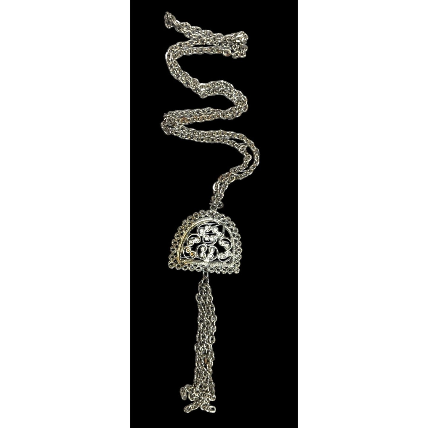 Vintage Etruscan Style Filigree Pendant And Tassel Necklace