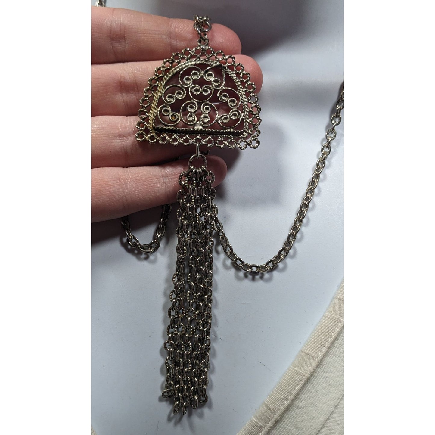 Vintage Etruscan Style Filigree Pendant And Tassel Necklace