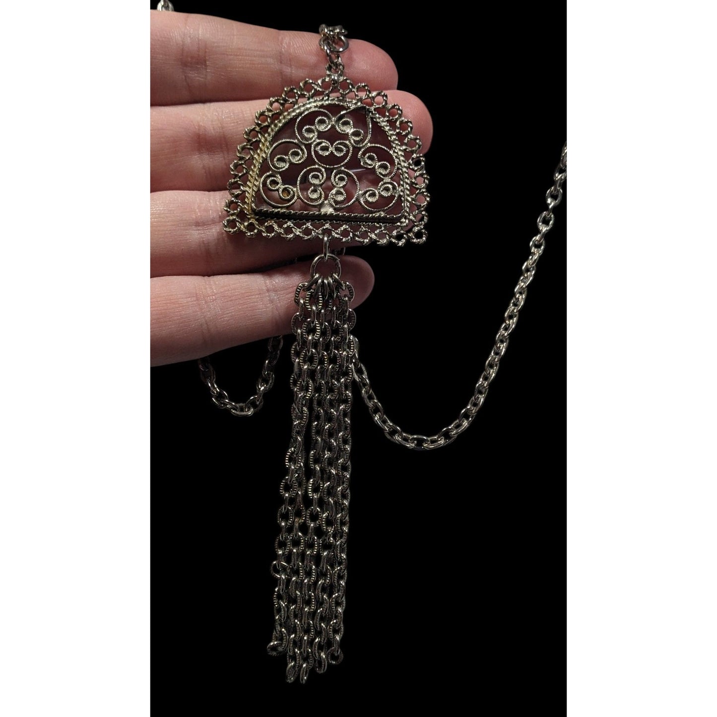 Vintage Etruscan Style Filigree Pendant And Tassel Necklace