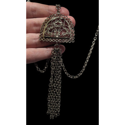 Vintage Etruscan Style Filigree Pendant And Tassel Necklace
