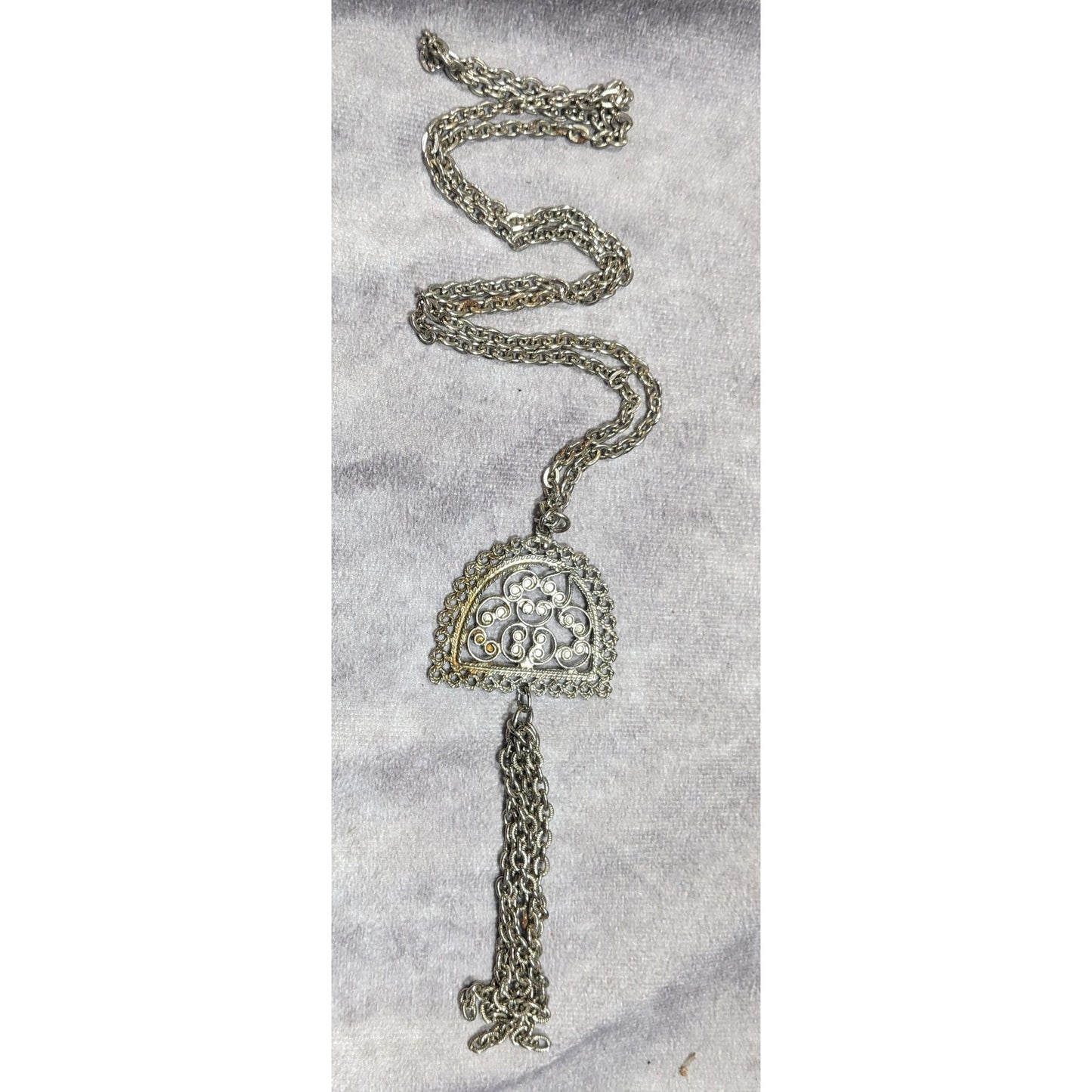 Vintage Etruscan Style Filigree Pendant And Tassel Necklace
