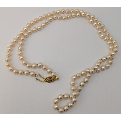 Vintage Hand Knotted Faux Pearl Necklace Cream Gold Elegant Jewelry