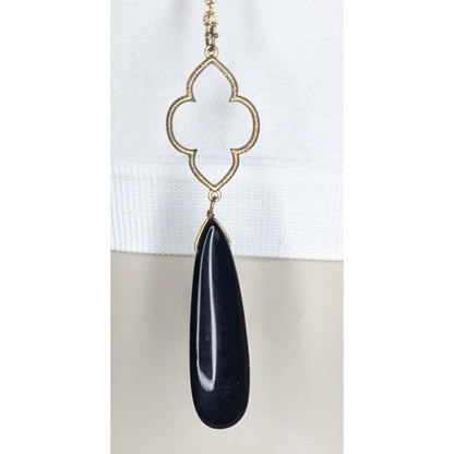 Boho Goth 80s Lucite Teardrop Pendant Necklace Gold Tone Quatrefoil Black Statement