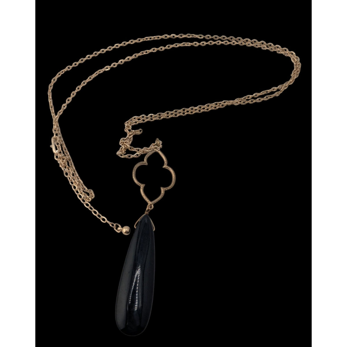 Boho Goth 80s Lucite Teardrop Pendant Necklace Gold Tone Quatrefoil Black Statement