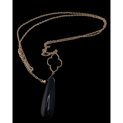 Boho Goth 80s Lucite Teardrop Pendant Necklace Gold Tone Quatrefoil Black Statement