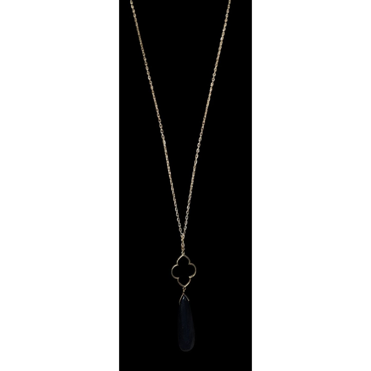 Boho Goth 80s Lucite Teardrop Pendant Necklace Gold Tone Quatrefoil Black Statement