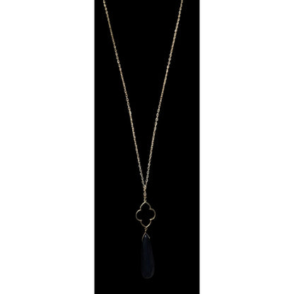Boho Goth 80s Lucite Teardrop Pendant Necklace Gold Tone Quatrefoil Black Statement