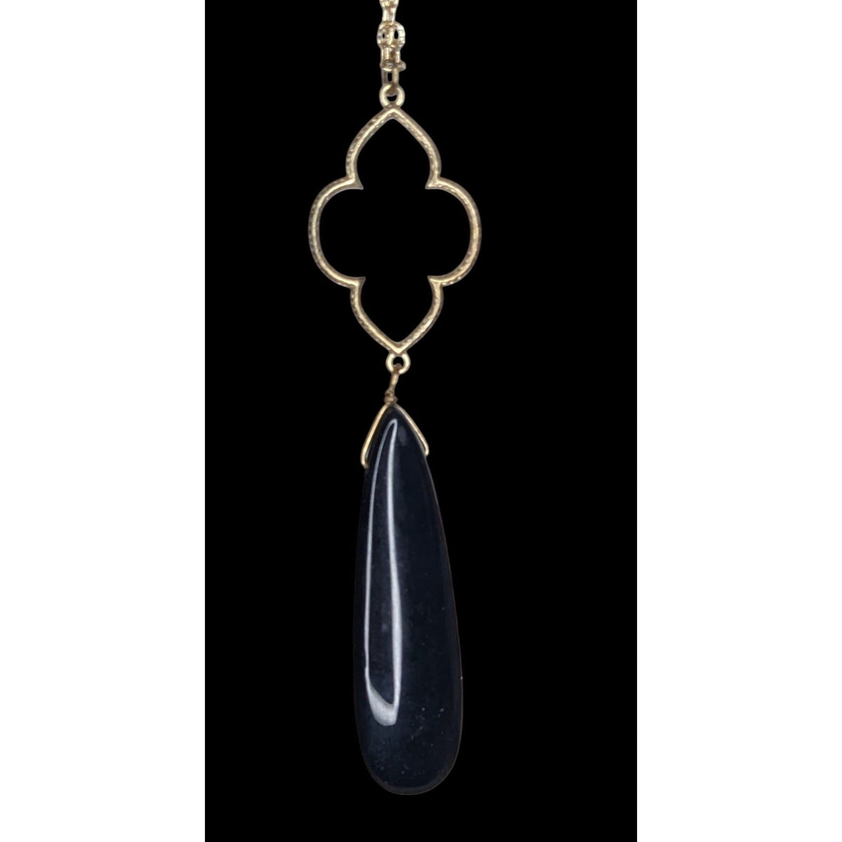 Boho Goth 80s Lucite Teardrop Pendant Necklace Gold Tone Quatrefoil Black Statement
