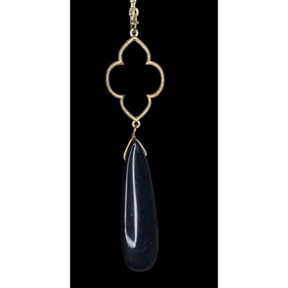 Boho Goth 80s Lucite Teardrop Pendant Necklace Gold Tone Quatrefoil Black Statement