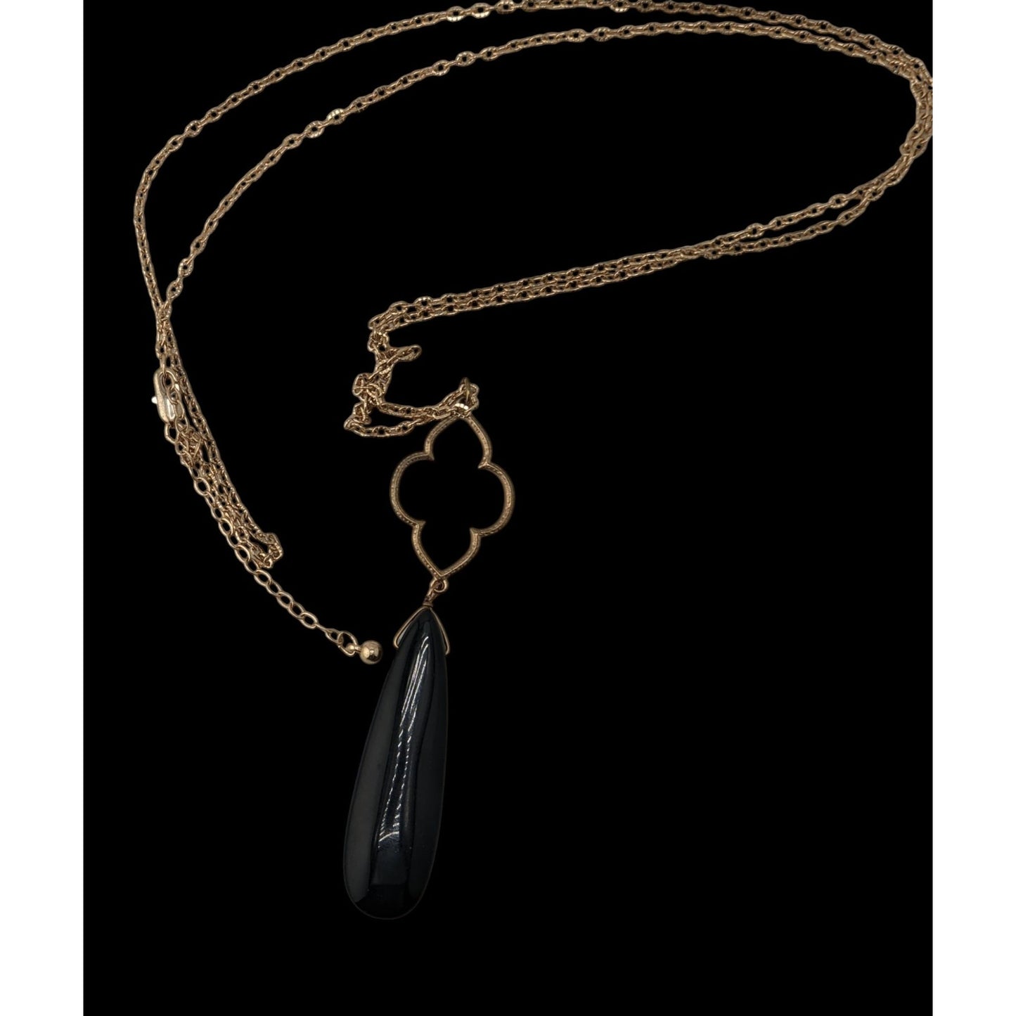 Boho Goth 80s Lucite Teardrop Pendant Necklace Gold Tone Quatrefoil Black Statement