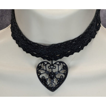 Black Lace Heart Choker Gothic Romantic Filigree Pendant Necklace