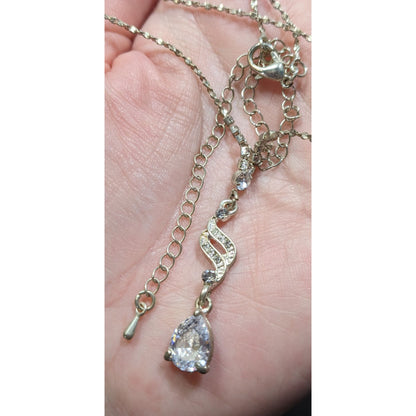 Vintage Bridal Princess Gemmed Silver Tone Drop Necklace