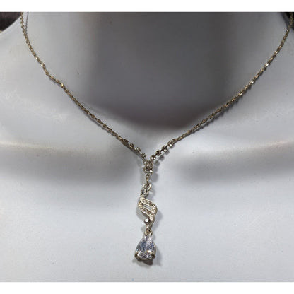 Vintage Bridal Princess Gemmed Silver Tone Drop Necklace