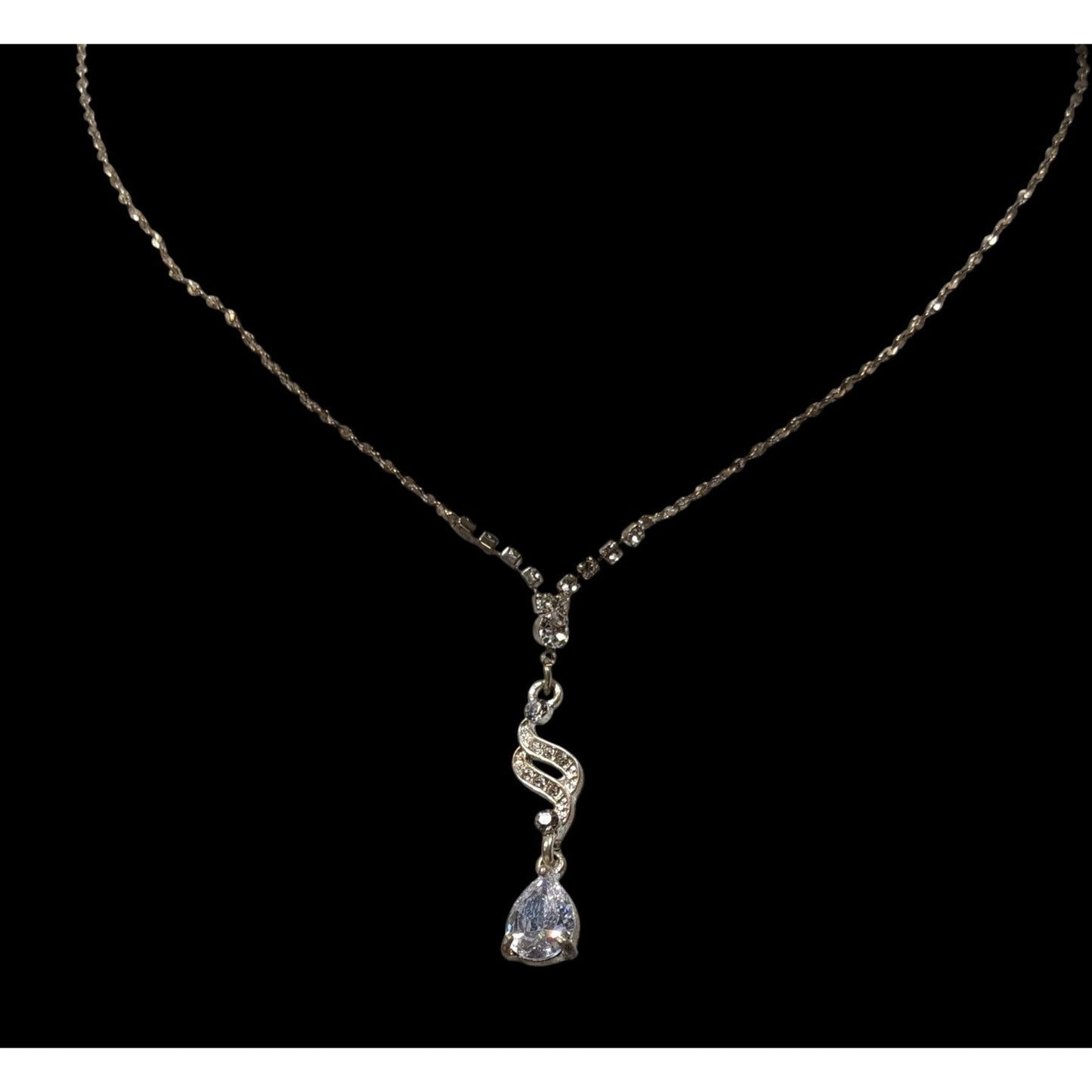 Vintage Bridal Princess Gemmed Silver Tone Drop Necklace
