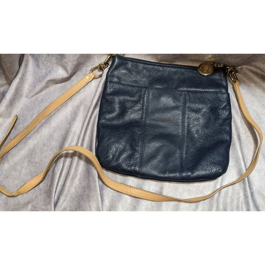 Preppy Tommy Hilfiger Navy Blue Leather Crossbody Bag With Gold Hardware & Outer Snap Pocket