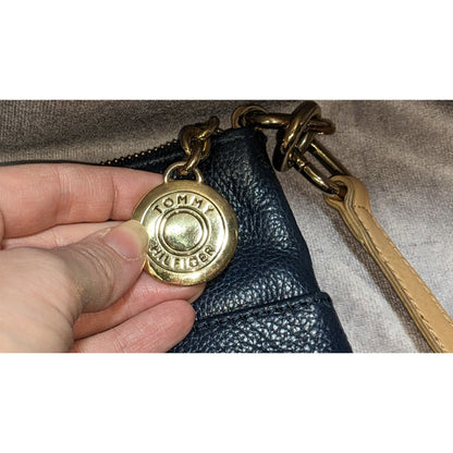 Preppy Tommy Hilfiger Navy Blue Leather Crossbody Bag With Gold Hardware & Outer Snap Pocket