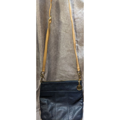 Preppy Tommy Hilfiger Navy Blue Leather Crossbody Bag With Gold Hardware & Outer Snap Pocket