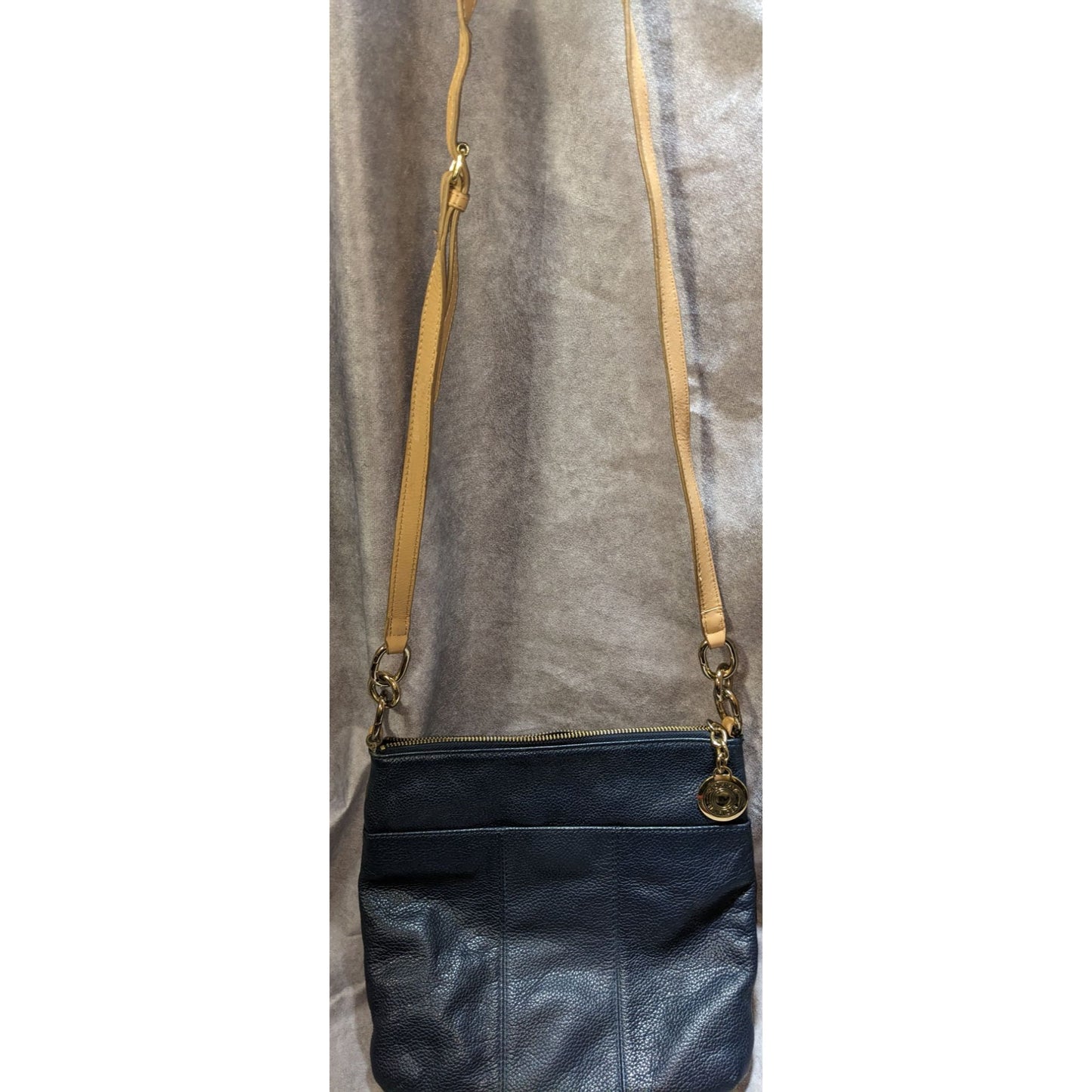 Preppy Tommy Hilfiger Navy Blue Leather Crossbody Bag With Gold Hardware & Outer Snap Pocket