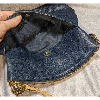 Preppy Tommy Hilfiger Navy Blue Leather Crossbody Bag With Gold Hardware & Outer Snap Pocket