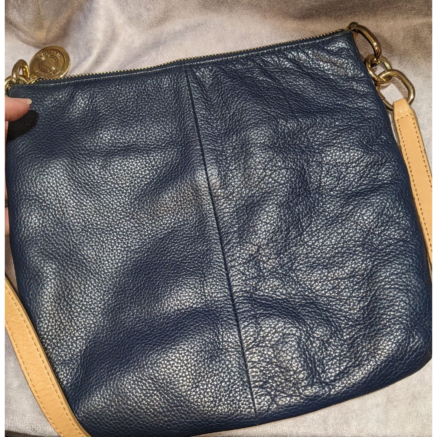 Preppy Tommy Hilfiger Navy Blue Leather Crossbody Bag With Gold Hardware & Outer Snap Pocket