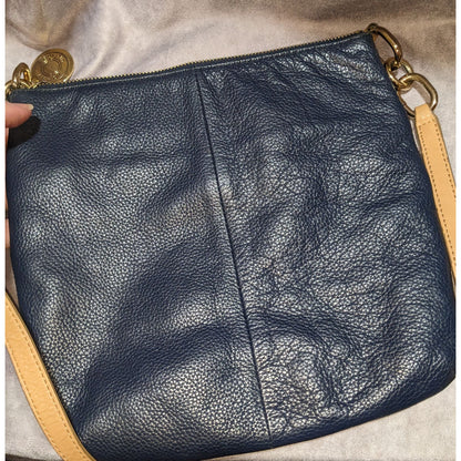 Preppy Tommy Hilfiger Navy Blue Leather Crossbody Bag With Gold Hardware & Outer Snap Pocket