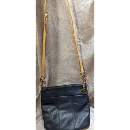 Preppy Tommy Hilfiger Navy Blue Leather Crossbody Bag With Gold Hardware & Outer Snap Pocket