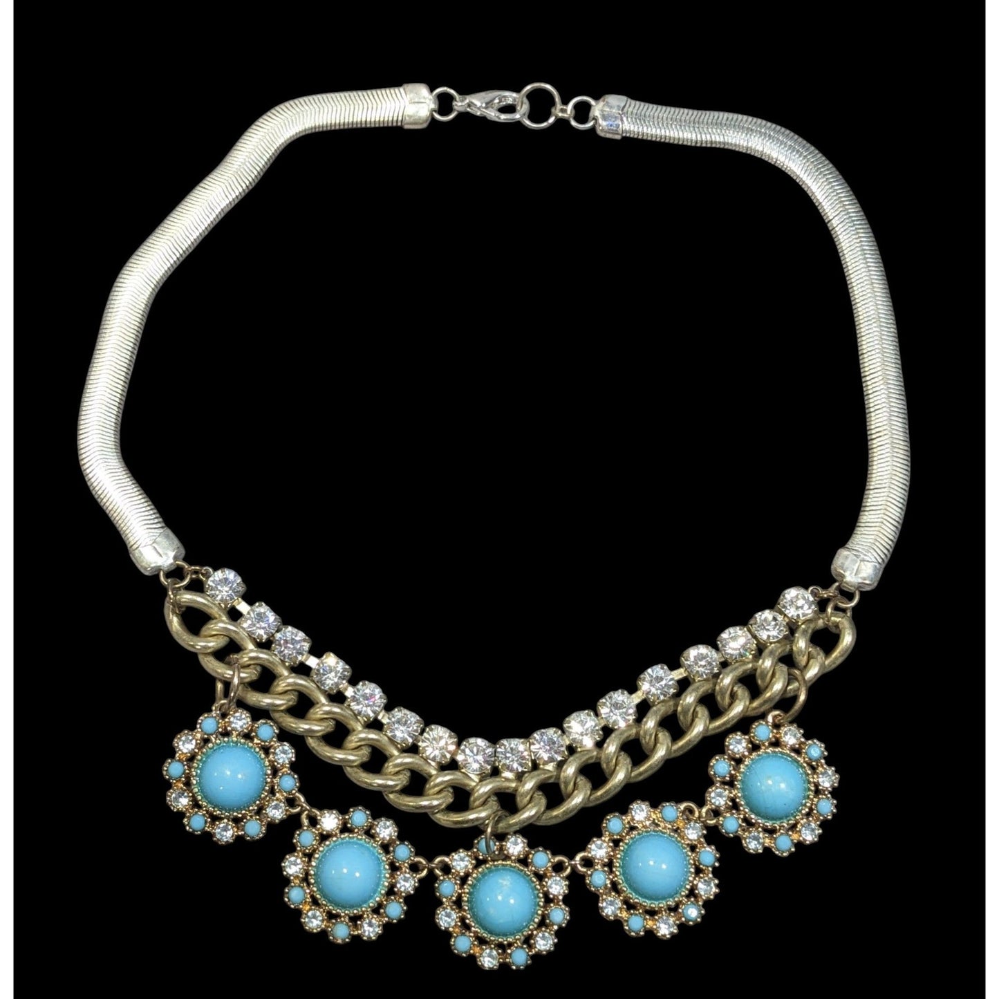 Bohemian Glam Silver And Gold Tone Necklace With Blue And Clear Stones