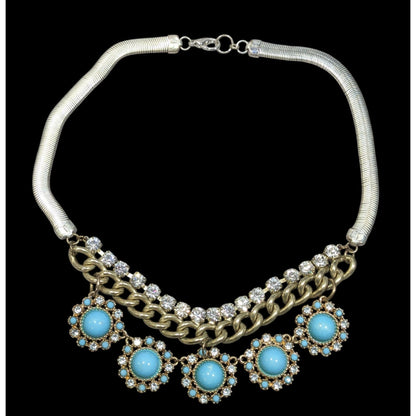 Bohemian Glam Silver And Gold Tone Necklace With Blue And Clear Stones