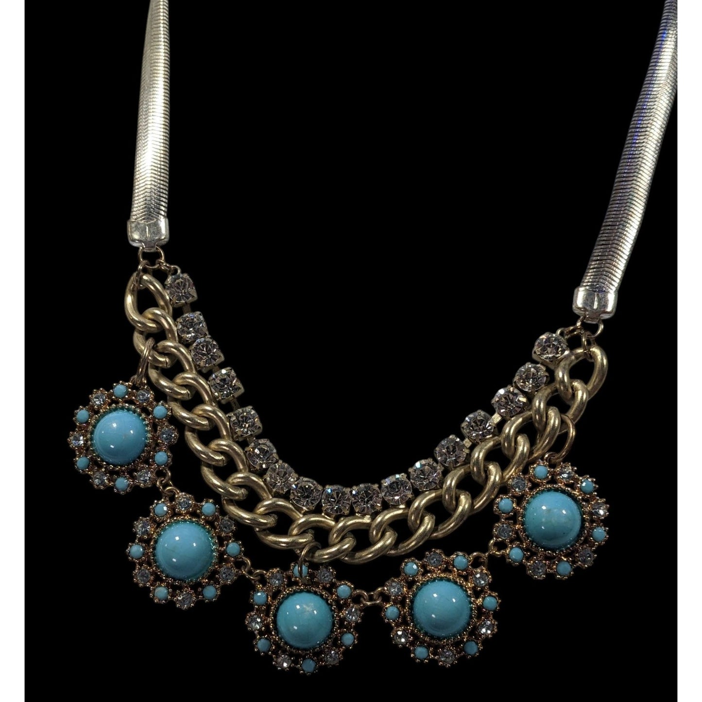 Bohemian Glam Silver And Gold Tone Necklace With Blue And Clear Stones
