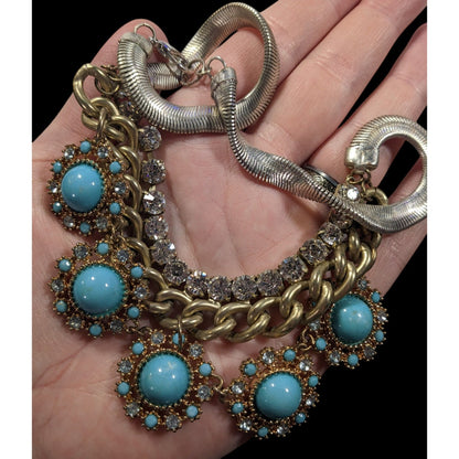 Bohemian Glam Silver And Gold Tone Necklace With Blue And Clear Stones