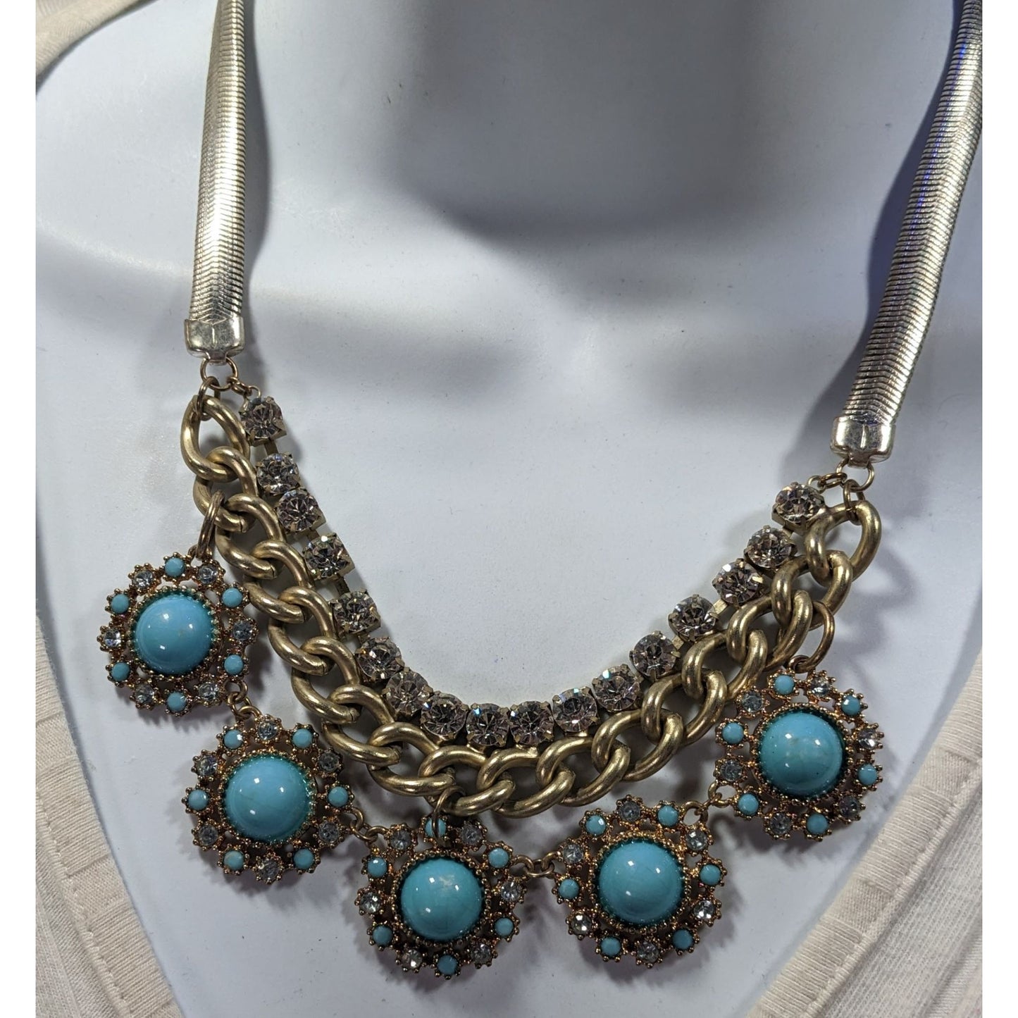 Bohemian Glam Silver And Gold Tone Necklace With Blue And Clear Stones