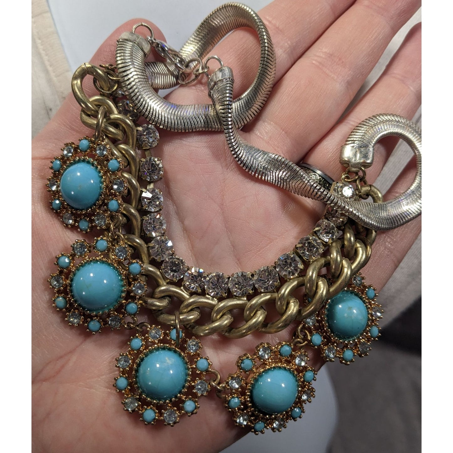 Bohemian Glam Silver And Gold Tone Necklace With Blue And Clear Stones