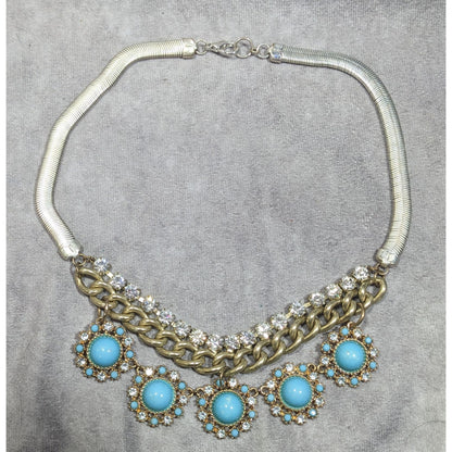 Bohemian Glam Silver And Gold Tone Necklace With Blue And Clear Stones