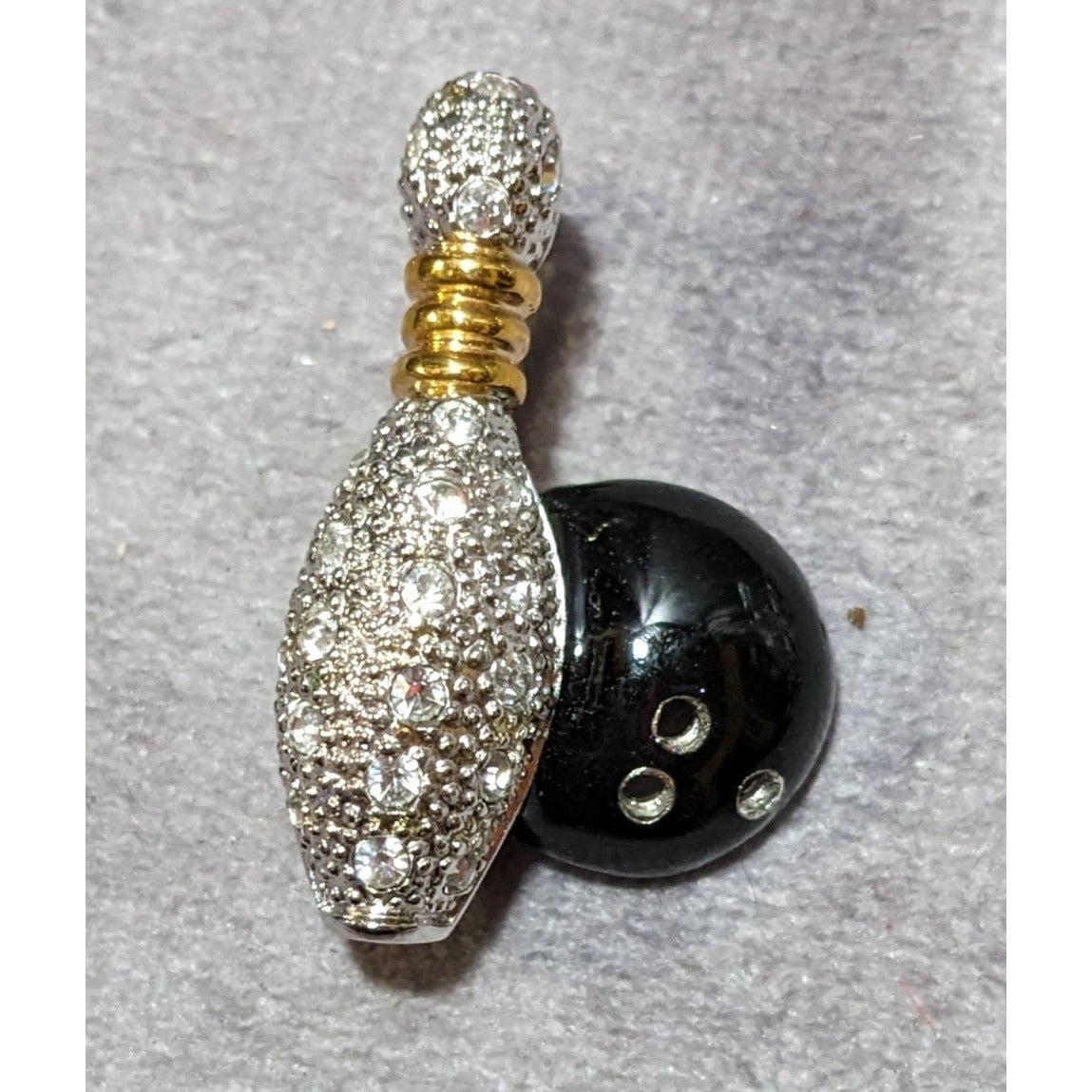 Vintage Silver And Black Rhinestone Bowling Ball And Pin Brooch