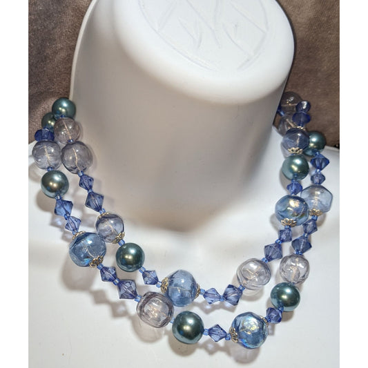 Vintage Whimsical Multi-Strand Blue & Clear Bead Necklace