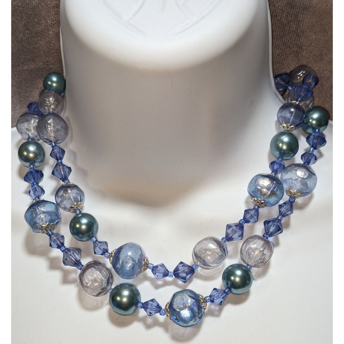 Vintage Whimsical Multi-Strand Blue & Clear Bead Necklace