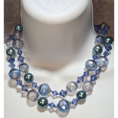 Vintage Whimsical Multi-Strand Blue & Clear Bead Necklace