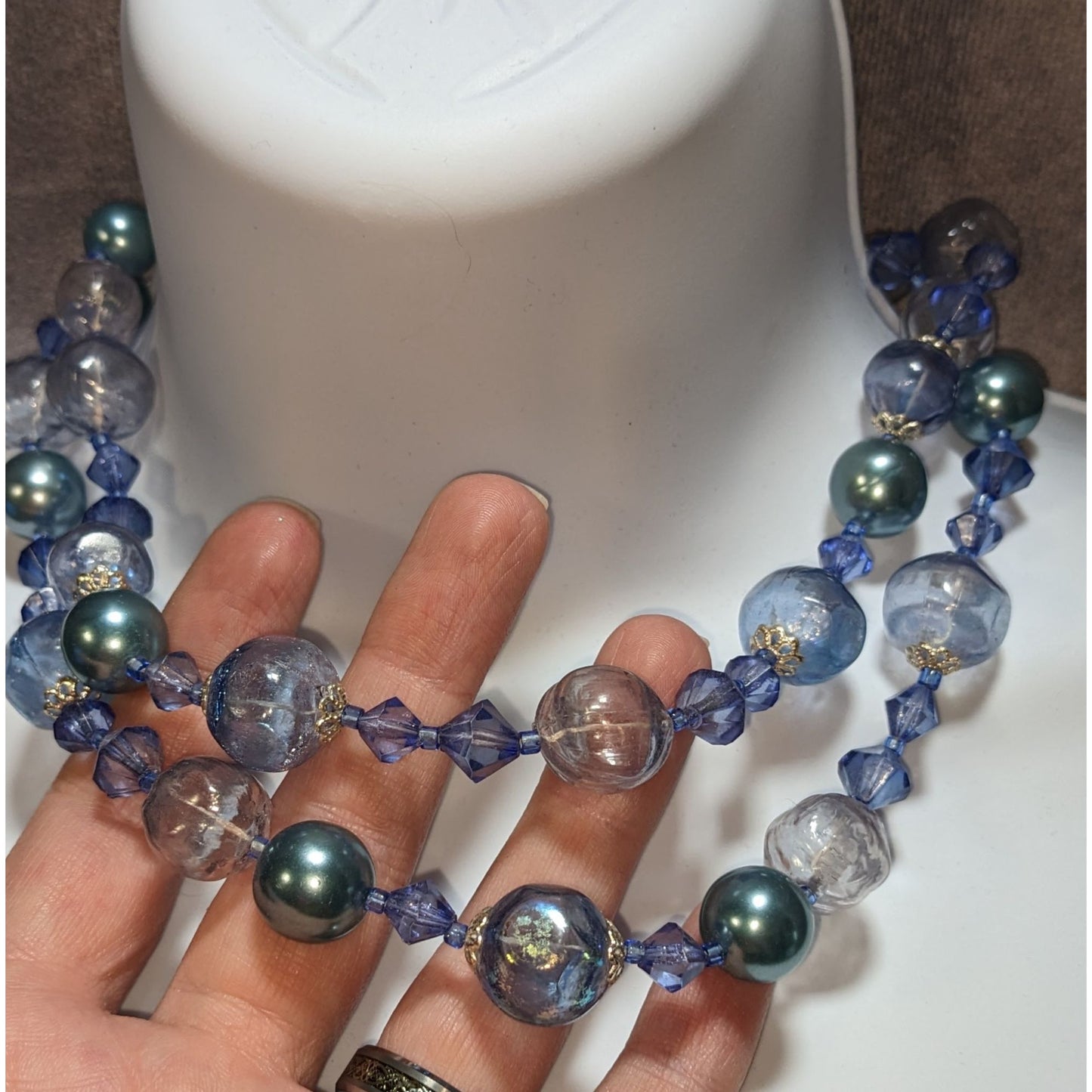 Vintage Whimsical Multi-Strand Blue & Clear Bead Necklace