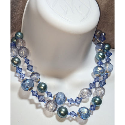 Vintage Whimsical Multi-Strand Blue & Clear Bead Necklace