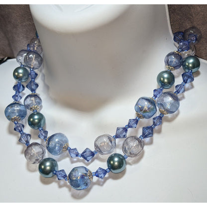 Vintage Whimsical Multi-Strand Blue & Clear Bead Necklace