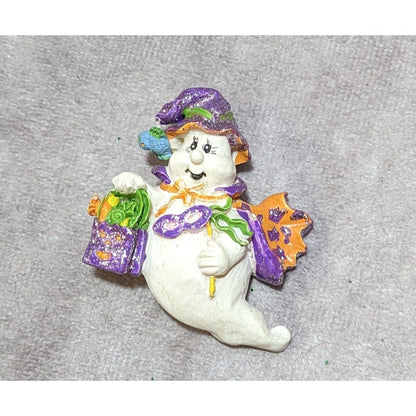 Vintage Wood Look Trick Or Treating Ghost Brooch