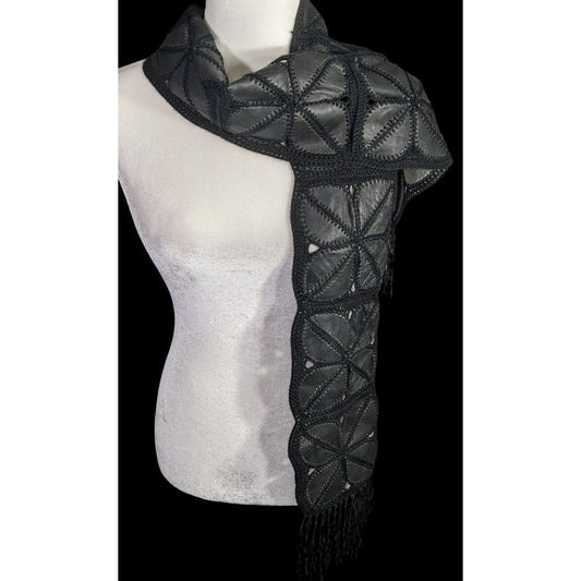 Vintage Bohemian Leather & Crochet Patchwork Scarf With Fringe