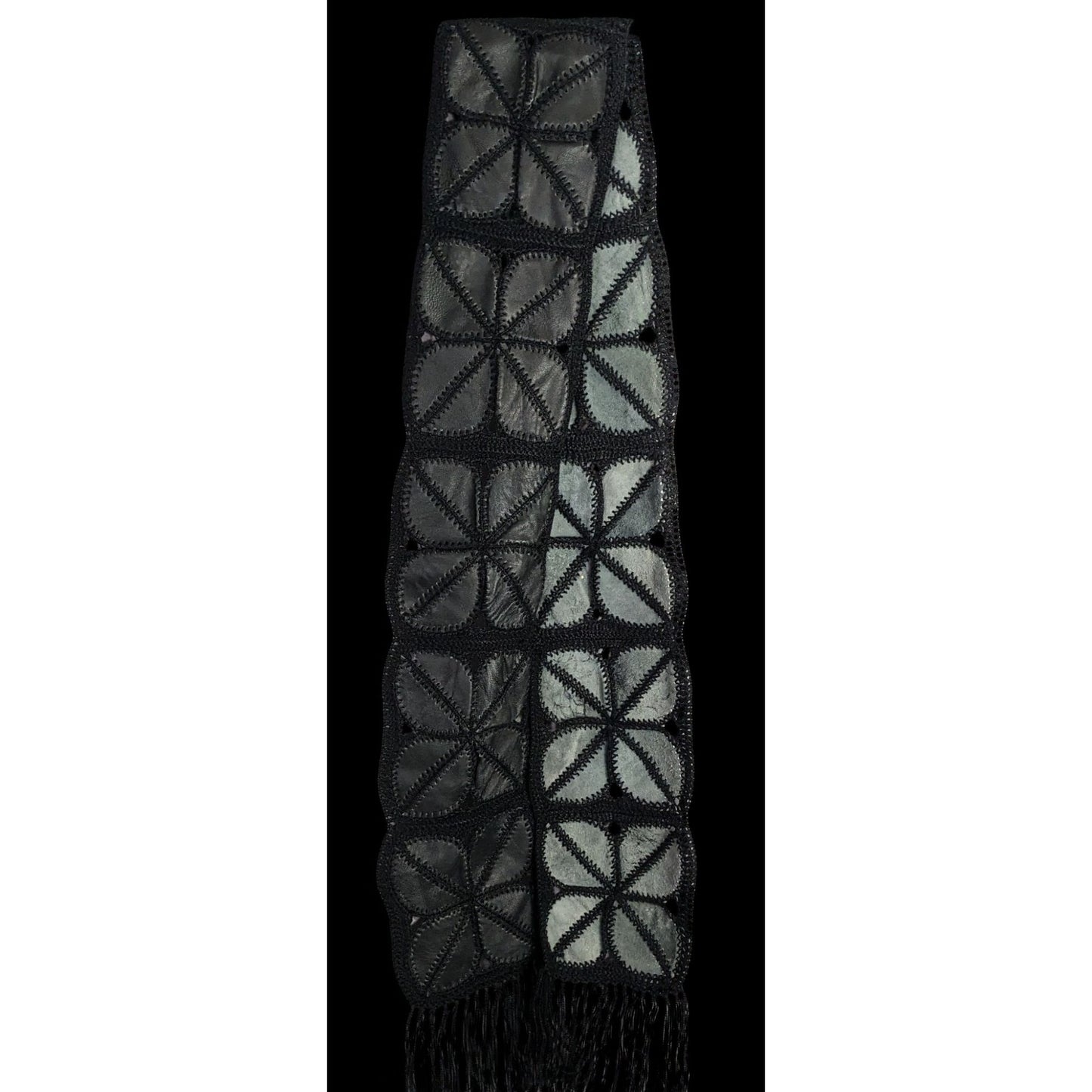 Vintage Bohemian Leather & Crochet Patchwork Scarf With Fringe