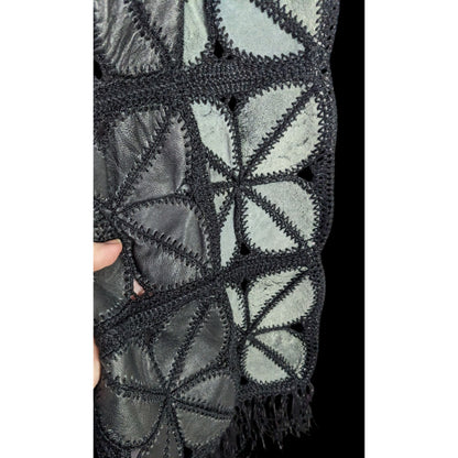 Vintage Bohemian Leather & Crochet Patchwork Scarf With Fringe