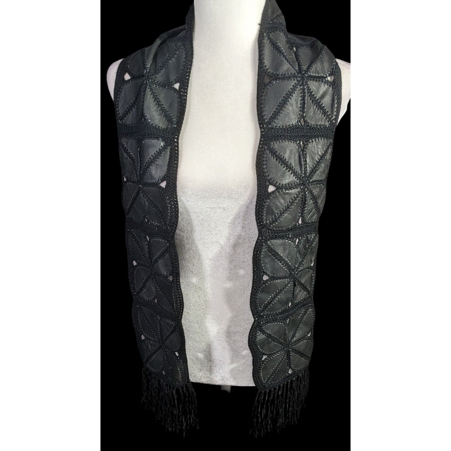 Vintage Bohemian Leather & Crochet Patchwork Scarf With Fringe