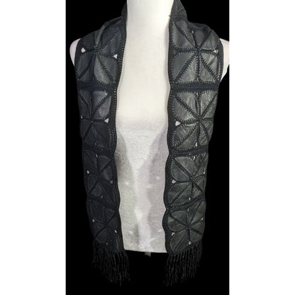 Vintage Bohemian Leather & Crochet Patchwork Scarf With Fringe
