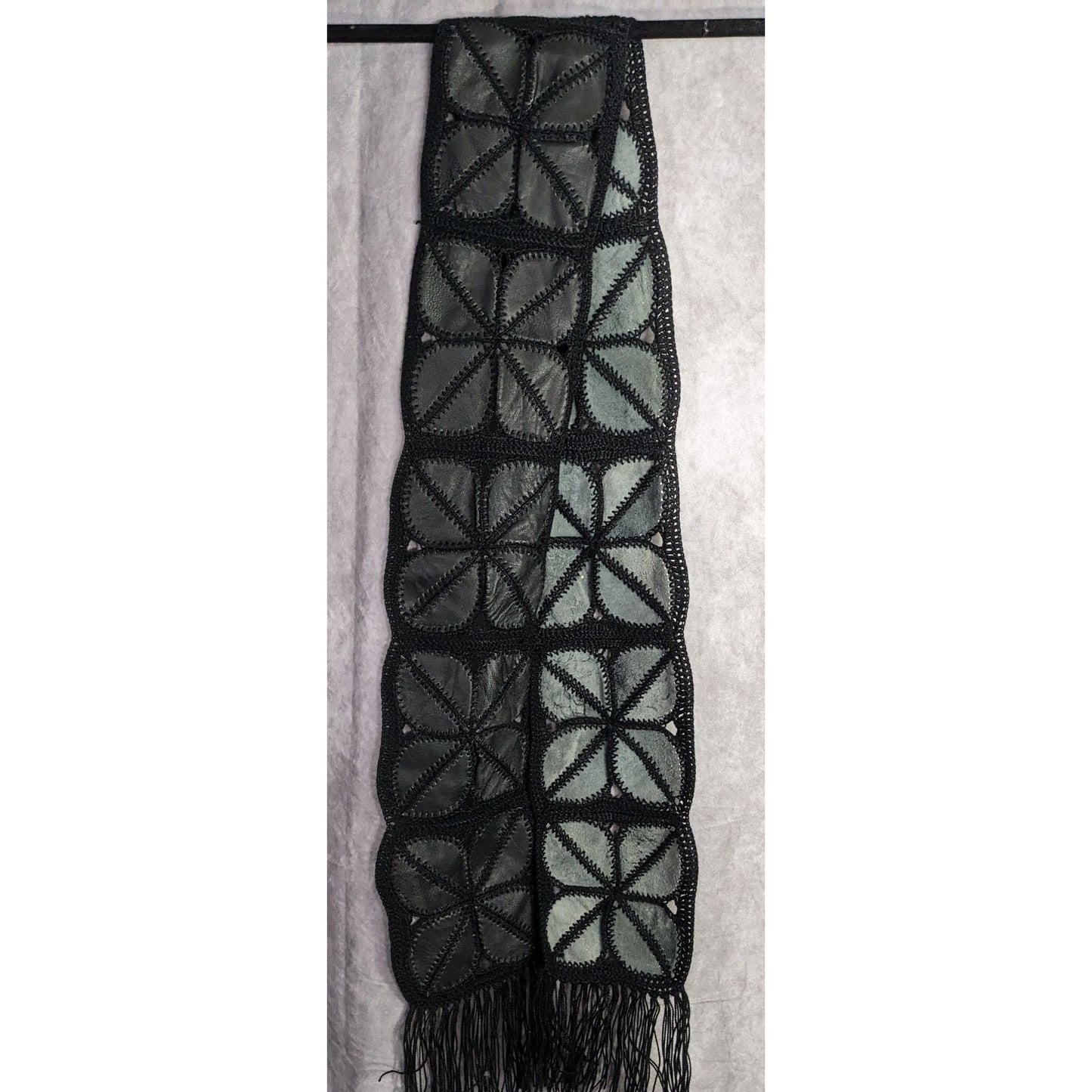 Vintage Bohemian Leather & Crochet Patchwork Scarf With Fringe