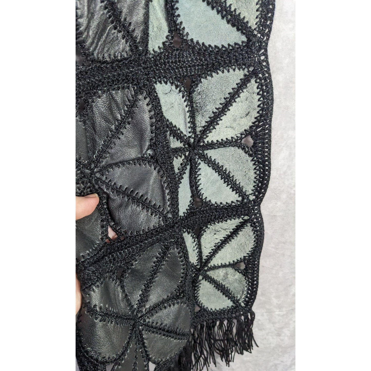 Vintage Bohemian Leather & Crochet Patchwork Scarf With Fringe