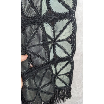 Vintage Bohemian Leather & Crochet Patchwork Scarf With Fringe